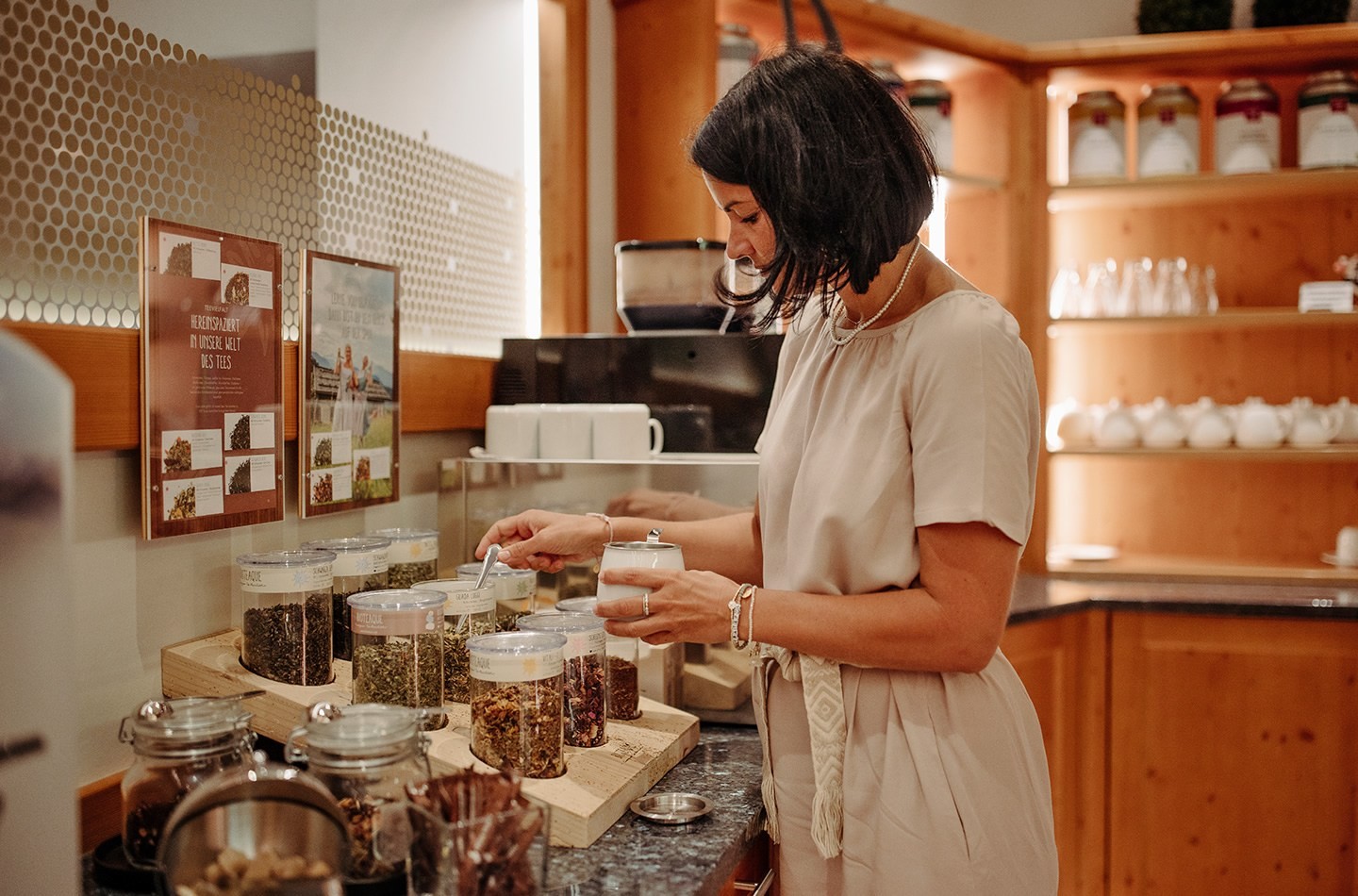 Getting some tea at the breakfast buffet